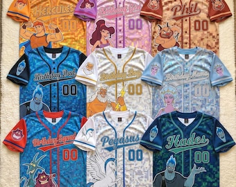 Camiseta de béisbol de Hércules con nombre personalizado, Hércules, Megara, Hades, Zeus, Pegaso, Pain, Panic, regalo de cumpleaños de Disney para niños