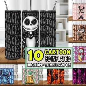12 wzorów Cartoon 3D nadmuchiwany kubek sublimacyjny | 20oz Skinny Tumbler Bundle Wrap, Cartoon Design PNG Bundle Digital Download