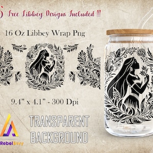 Princess Silhouette For Design 16oz Libbey Glass Can Wrap Png, 16oz Princess Tumbler Template, Seamless Design, Instant Digital Download