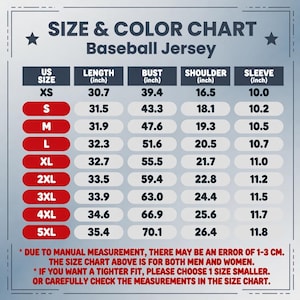May include: A size and color chart for a baseball jersey with columns for US size, length, bust, shoulder, and sleeve in inches. The table lists sizes from XS to 5XL with corresponding measurements. Text notes a potential 1-3 cm measurement error.