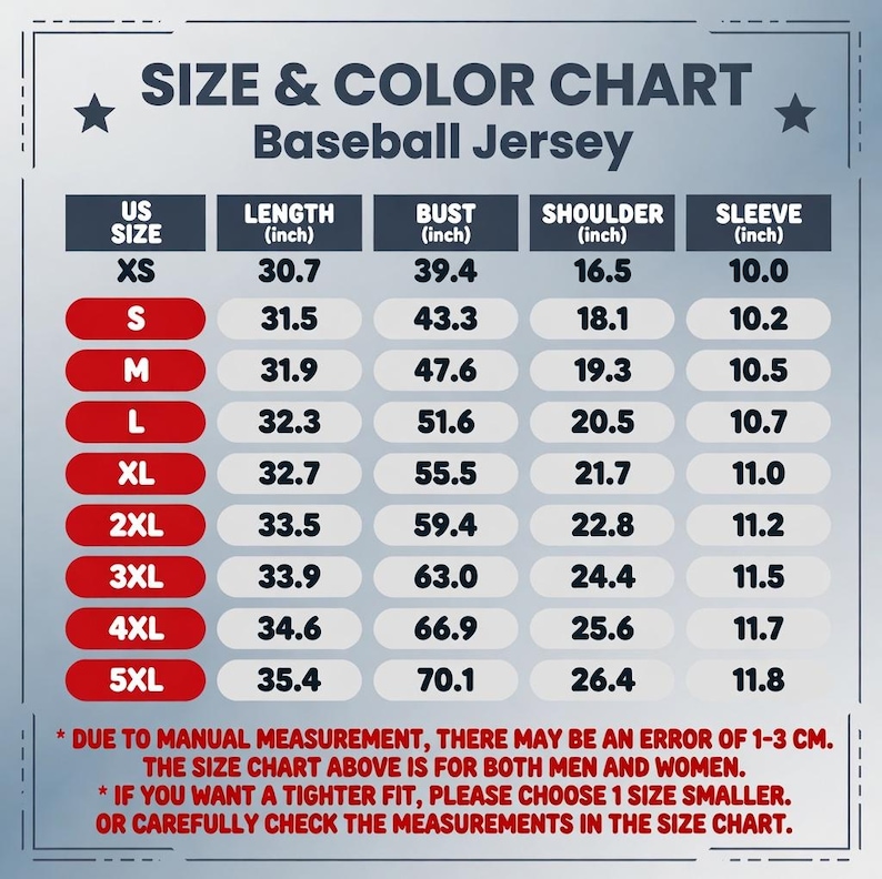 May include: A size and color chart for a baseball jersey with columns for US size, length, bust, shoulder, and sleeve in inches. The table lists sizes from XS to 5XL with corresponding measurements. Text notes a potential 1-3 cm measurement error.