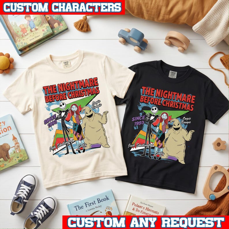 May include: Two short-sleeved t-shirts, one cream and one black, featuring a graphic print of Jack Skellington, Sally, and Oogie Boogie with the text The Nightmare Before Christmas, Since 1993, Jack Skellington, Sally, and Oogie Boogie.