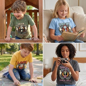 May include: A collection of four short-sleeve t-shirts featuring graphic prints of characters from The Nightmare Before Christmas. Each shirt displays a character, a checkered circle, lightning bolts, and the text 'SINCE 1993' in various colors.