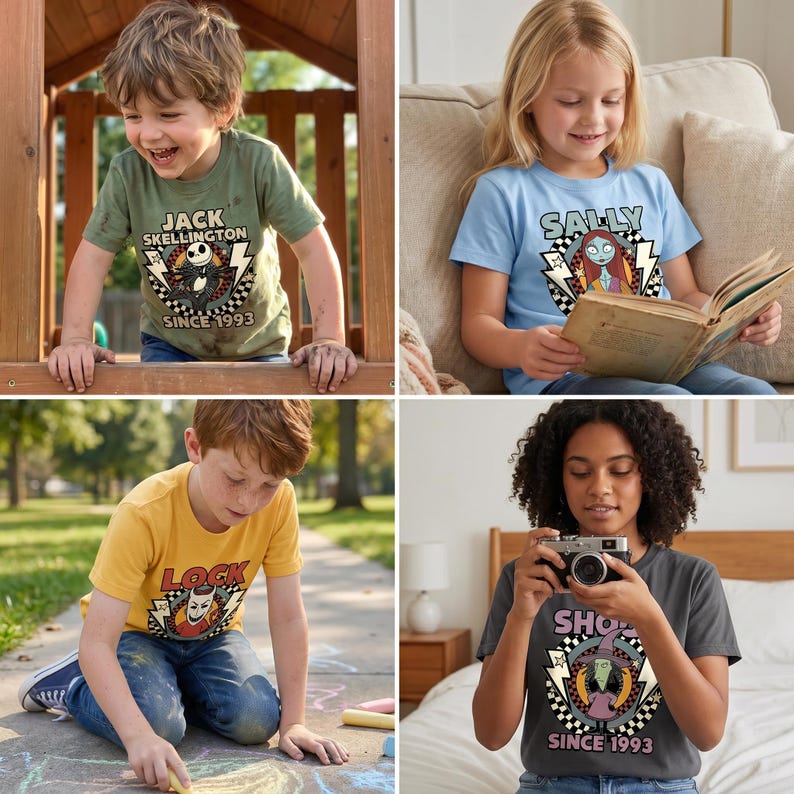 May include: A collection of four short-sleeve t-shirts featuring graphic prints of characters from The Nightmare Before Christmas. Each shirt displays a character, a checkered circle, lightning bolts, and the text 'SINCE 1993' in various colors.