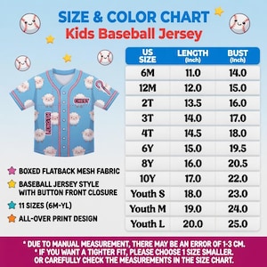 May include: A light blue kids baseball jersey with an all-over sheep print, pink trim, and button front. The chart displays sizes from 6M to Youth L with length and bust measurements in inches. Features include boxed flatback mesh fabric.