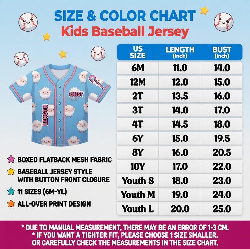 May include: A light blue kids baseball jersey with an all-over sheep print, pink trim, and button front. The chart displays sizes from 6M to Youth L with length and bust measurements in inches. Features include boxed flatback mesh fabric.