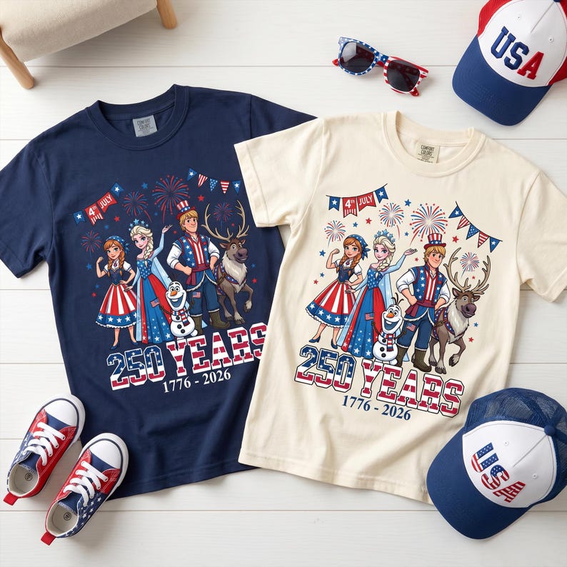 Frozen Elsa Anna Kristoff Sven Olaf Shirt, America 250 Years T Shirt, Patriotic Disney Family Matching Tee, 1776 2026 4th Of July Jersey bild 1