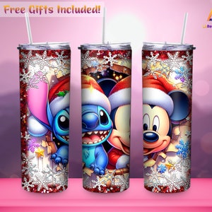 Christmas Mouse And Blue Alien 20oz Skinny Tumbler Sublimation Designs | Cartoon Tumbler Straight&Tapered Wrap Png For Christmas