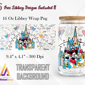 Castle And Signatures Of Cartoon Characters For Design 16oz Libbey Glass Can Wrap Png, Cartoon Friends Png, Instant Digital Download