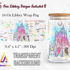 Castle And Signatures Of Cartoon Characters For Design 16oz Libbey Glass Can Wrap Png, Princess Characters Png, Instant Digital Download