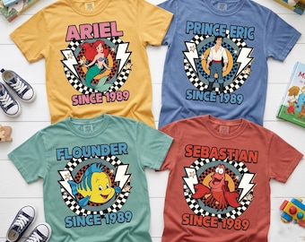 The Little Mermaid T Shirt, Ariel Prince Eric Sebastian Flounder Character Tee, Disney Princess Movie Shirt, Gift For Kids