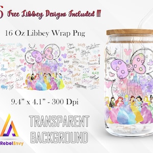 Princess Castle And Signatures Of Cartoon Characters For Design 16oz Libbey Glass Can Wrap Png, Watercolor Png, Instant Digital Download