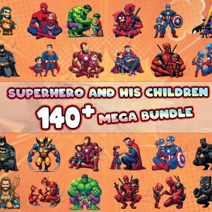 Pacchetto Png di supereroi e i suoi figli da 140 disegni, regali per papà e figli, famiglia di supereroi Png, formato Png, download digitale istantaneo
