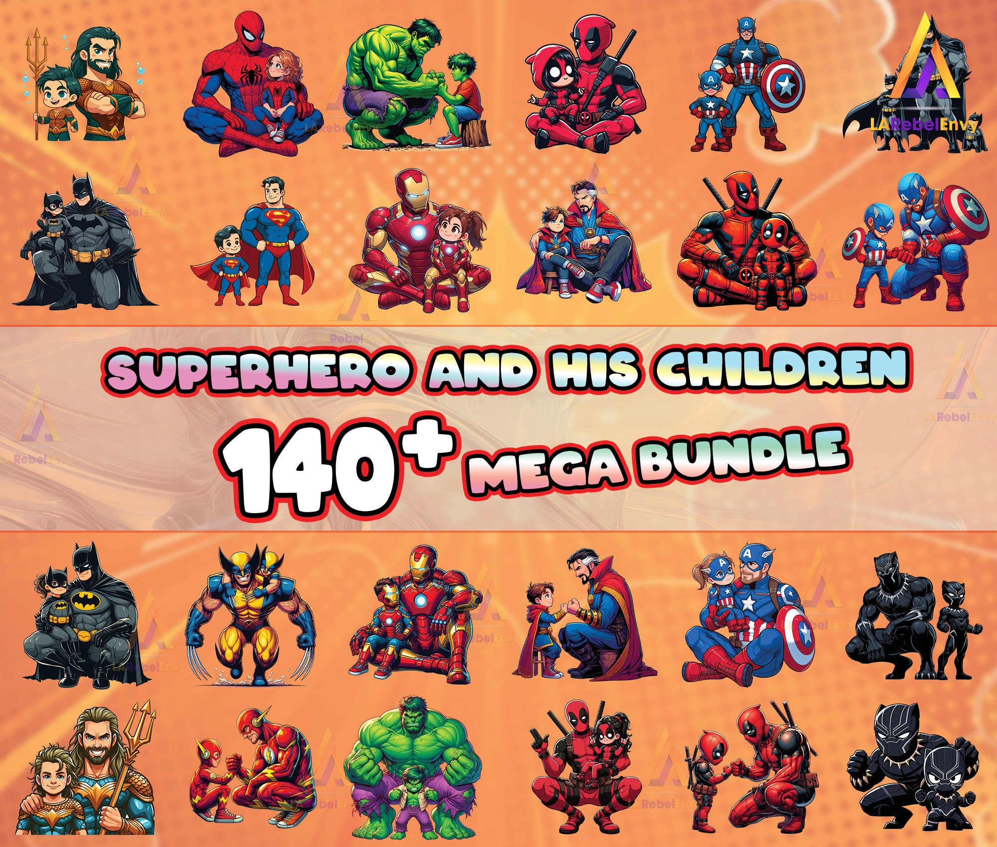 140 Designs Super Hero And His Children Png Bundle, Gifts For Dad And Children, Super Hero Family Png, Png Format, Instant Digital Download