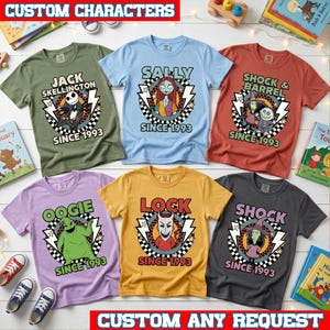 May include: Six short-sleeved t-shirts in olive green, light blue, terracotta, lavender, mustard yellow, and charcoal gray. Each shirt features a circular graphic with a character from The Nightmare Before Christmas, lightning bolts, and the text SINCE 1993.