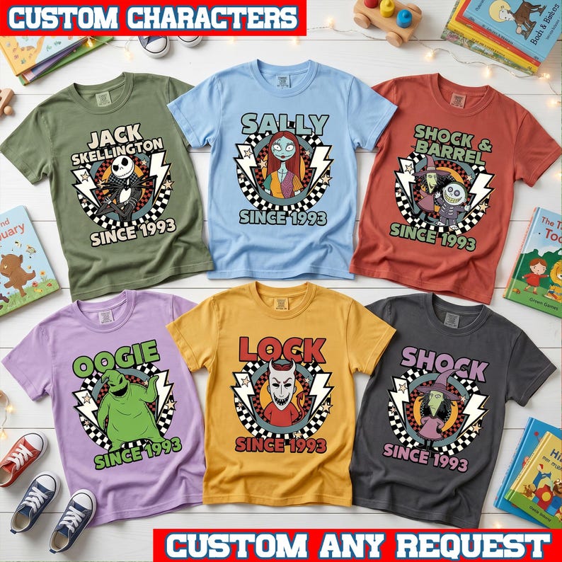May include: Six short-sleeved t-shirts in olive green, light blue, terracotta, lavender, mustard yellow, and charcoal gray. Each shirt features a circular graphic with a character from The Nightmare Before Christmas, lightning bolts, and the text SINCE 1993.