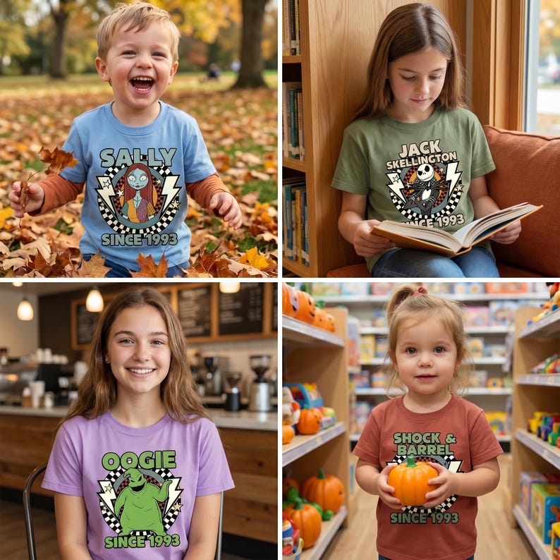 May include: A collection of four short-sleeved t-shirts featuring characters from The Nightmare Before Christmas. Designs include Sally, Jack Skellington, Oogie Boogie, and Shock & Barrel with the text Since 1993 on a checkered background.