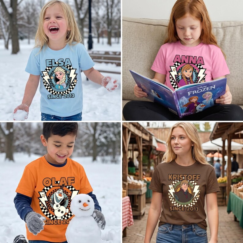May include: A collection of four t-shirts featuring Disney Frozen characters. One light blue shirt shows Elsa, a pink shirt shows Anna, an orange shirt shows Olaf, and a brown shirt shows Kristoff. Each shirt includes a checkered circle and lightning bolts.