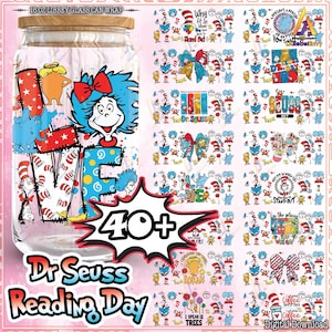 47 Designs Reading Day For 16oz Libbey Glass Can Wrap Png, Cartoon Characters Png, Read Across America Png, School Teacher Png, Digital File
