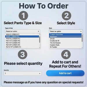 May include: An instructional graphic titled How To Order with four numbered steps. It displays dropdown menus for selecting pants type and size, choosing a style from a list of characters, selecting quantity, and an Add to cart button.