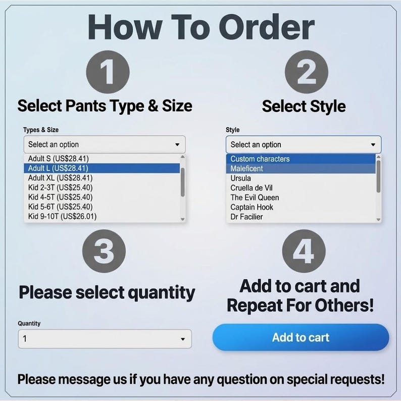 May include: An instructional graphic titled How To Order with four numbered steps. It displays dropdown menus for selecting pants type and size, choosing a style from a list of characters, selecting quantity, and an Add to cart button.
