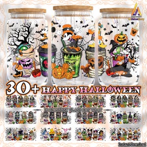 30+ Designs Halloween-Freunde für 16 Unzen Libbey Glasdosenverpackung Png, Retro Halloween Png, Cartoon 16 Unzen Tumbler Vorlage Png, digitaler Download