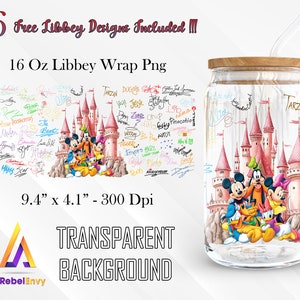 Castle And Signatures Of Cartoon Characters For Design 16oz Libbey Glass Can Wrap Png, Cartoon Friends Png, Instant Digital Download