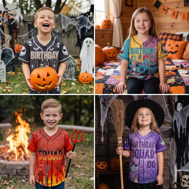 May include: A collection of four button-down baseball jerseys featuring Halloween-themed graphics. The shirts display text including Birthday Boy, Birthday Girl, and Birthday Squad, alongside character illustrations, pumpkins, flames, and spiderwebs.