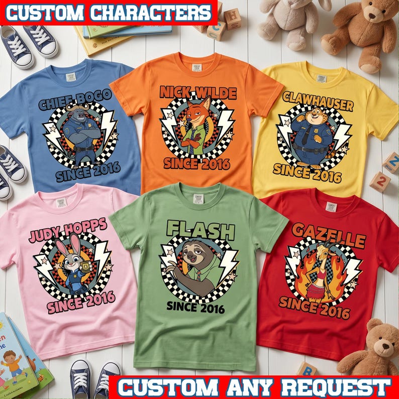 May include: Six short-sleeved t-shirts in blue, orange, yellow, pink, green, and red, each featuring a circular graphic with a Zootopia character, a checkered border, lightning bolts, and the text "SINCE 2016" along with the character's name.