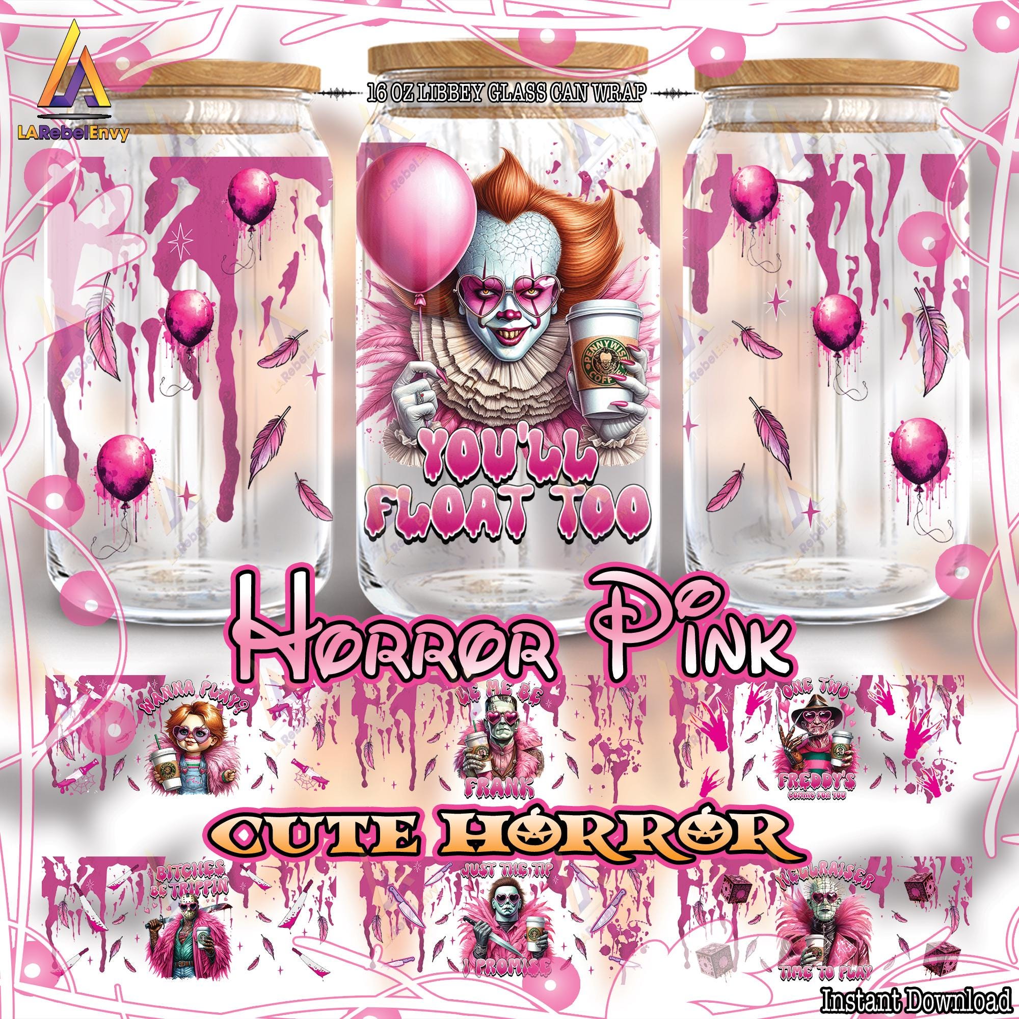 7 Designs Horror Pink For 16oz Libbey Glass Can Wrap Png, Horror Characters, Horror Cute Png, Horror Movies Png, Instant Digital Download