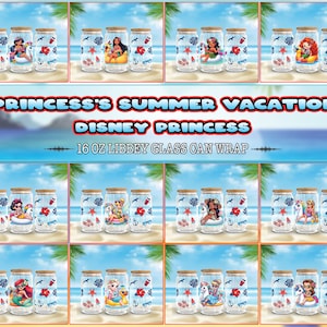Pacchetto vacanze estive della principessa da 14 disegni per lattina di vetro Libbey da 16 once avvolgere Png, principessa carina, modello bicchiere estivo da 16 once, file digitale