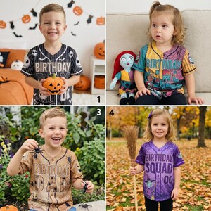 May include: A collection of four short-sleeved button-down baseball jerseys featuring Halloween-themed graphics. The shirts display text including Birthday Boy, Birthday Girl, Birthday Dad, and Birthday Squad, with patterns of pumpkins, spiders, and characters.