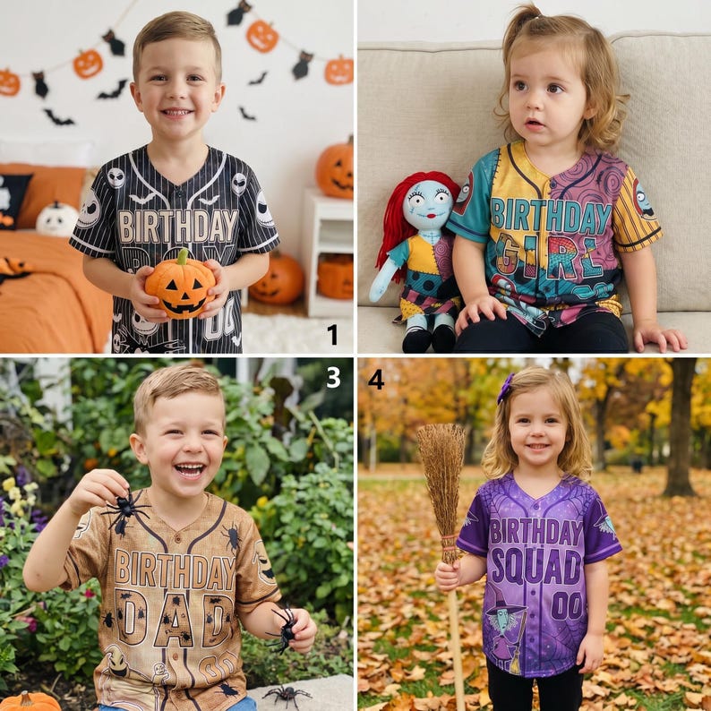 May include: A collection of four short-sleeved button-down baseball jerseys featuring Halloween-themed graphics. The shirts display text including Birthday Boy, Birthday Girl, Birthday Dad, and Birthday Squad, with patterns of pumpkins, spiders, and characters.