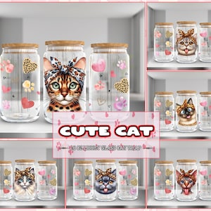 6 Designs Cute Cat For 16oz Libbey Glass Can Wrap Png, Cute Animal Png Bundle, Cat 16oz Tumbler Template Png, Instant Digital Download