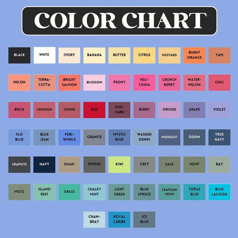 May include: A color chart featuring a grid of rectangular swatches with text labels. The chart displays a wide variety of colors including black, white, various shades of yellow, orange, pink, red, purple, blue, green, and grey, organized by hue.