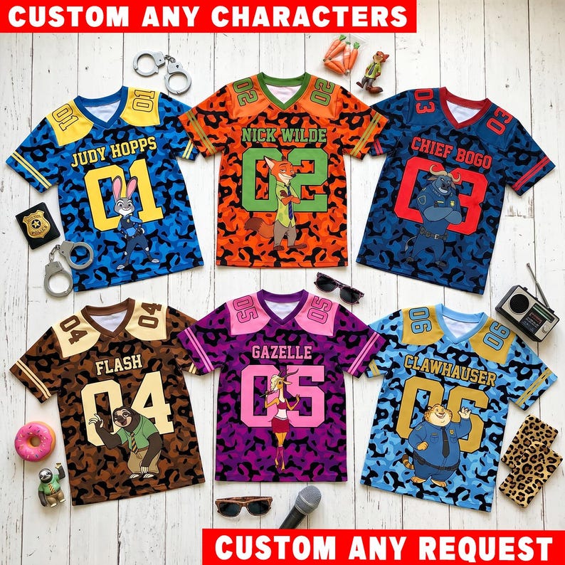 May include: Six short-sleeved jerseys featuring Zootopia characters Judy Hopps, Nick Wilde, Chief Bogo, Flash, Gazelle, and Clawhauser. Each jersey displays a character, name, and number on a camouflage background. Text reads CUSTOM ANY CHARACTERS.