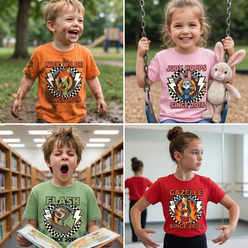 May include: A collection of four short-sleeved t-shirts in orange, pink, light green, and red. Each shirt features a circular graphic with a checkered border, lightning bolts, and the text 'SINCE 2016' alongside characters Nick Wilde, Judy Hopps, Flash, and Gazelle.