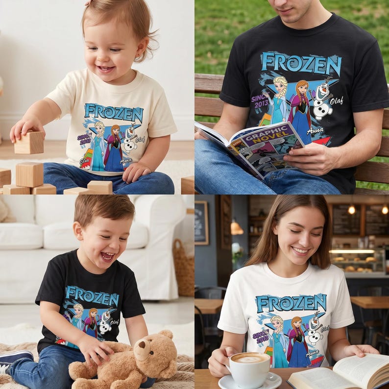 May include: A short-sleeved t-shirt featuring the Frozen logo and characters Elsa, Anna, and Olaf with the text Since 2013. The graphic includes blue geometric shapes and the names of the characters printed below them on a solid colored fabric.