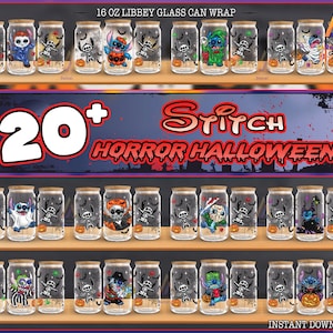 23 modèles de personnages de dessin animé 3D gonflés pour 16 oz Libbey Glass peut emballer Png, modèle de gobelet Halloween horreur 16 oz Png, téléchargement numérique