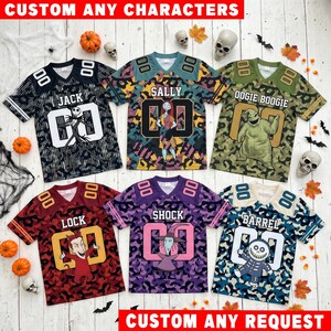 May include: Six short-sleeved jerseys featuring characters from The Nightmare Before Christmas. Each shirt displays a name, the number 00, and a character graphic: Jack, Sally, Oogie Boogie, Lock, Shock, or Barrel, with custom camo patterns.