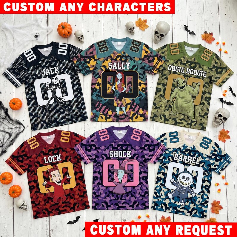May include: Six short-sleeved jerseys featuring characters from The Nightmare Before Christmas. Each shirt displays a name, the number 00, and a character graphic: Jack, Sally, Oogie Boogie, Lock, Shock, or Barrel, with custom camo patterns.