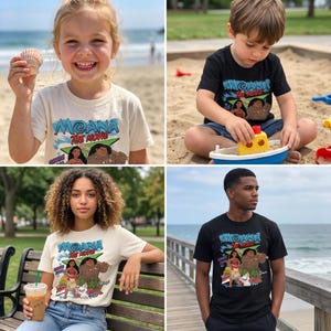 May include: A short-sleeve t-shirt featuring a graphic print of the movie Moana, including the characters Moana, Maui, and Pua, with the text Moana The Movie. The shirt is available in both cream and black fabric colors with a crew neckline.