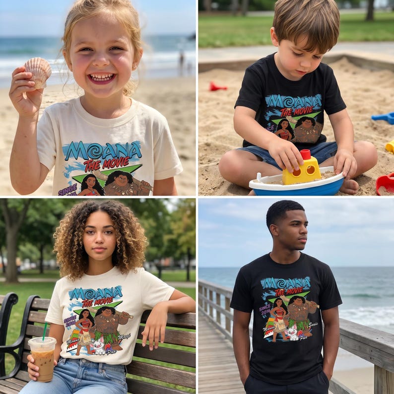 May include: A short-sleeve t-shirt featuring a graphic print of the movie Moana, including the characters Moana, Maui, and Pua, with the text Moana The Movie. The shirt is available in both cream and black fabric colors with a crew neckline.