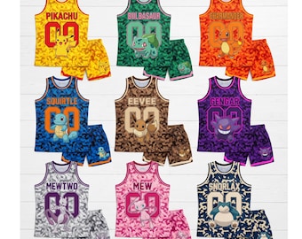 Poke Monster Family Vacation Jersey Set, Personalized Charizard Blastoise Eeveelution Basketball Outfit, Custom PKM Matching Jerseys
