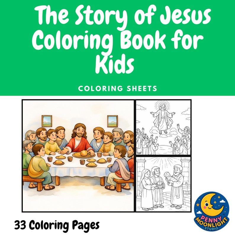 Może przedstawiać: Kolorowanka zatytułowana "The Story of Jesus Coloring Book for Kids" z 33 stronami do kolorowania. Okładka ma zielone tło z białym tekstem. Książka zawiera ilustracje Jezusa i jego uczni&oacute;w oraz inne sceny biblijne.