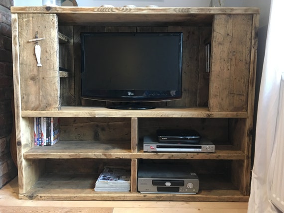 Tv Television Unit Cabinet Stand Wooden Rustic Reclaimed Wood Etsy