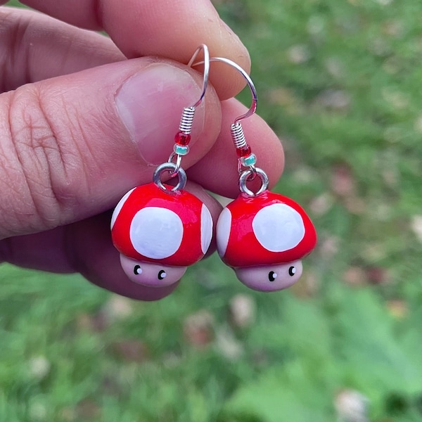 Red Toad Earrings | Polymer Clay Accessories | Cute Handmade Jewelry | Cozy Gamer Girl | Mario Bros Mushroom | Gift for Friends