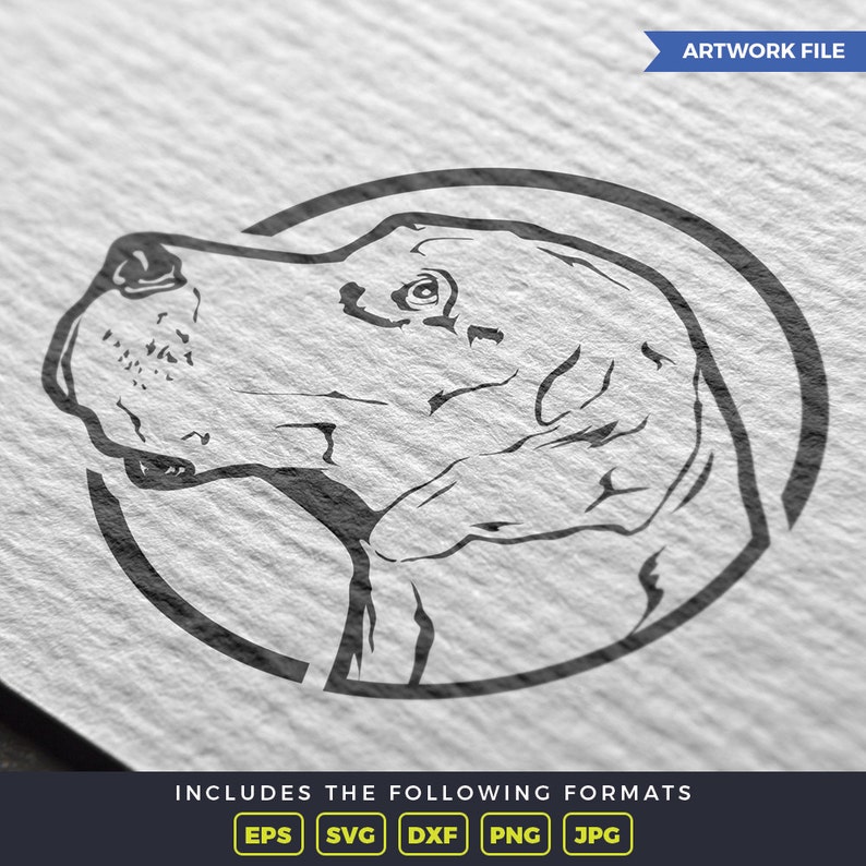 May include: A black and white graphic illustration of a dog head in profile, enclosed within a circular border. The design features detailed line work capturing the canine's facial features, including the nose, eye, and ear. Text at the top reads ARTWORK FILE, and text at the bottom lists EPS, SVG, DXF, PNG, and JPG.