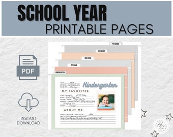 May include: Printable school year pages for kindergarten through fourth grade. Each page has a light green background with a white border and includes sections for the student to fill in their favorite things, about themselves, and special memories from the year. The pages are designed to be used as a keepsake for students to look back on their school year.