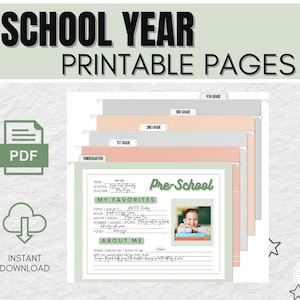 SCHOOL YEAR Printable Pages | Memory Box | Keepsake | Baby Shower Gift | File Box Cover Pages for Kids by Grade | Green